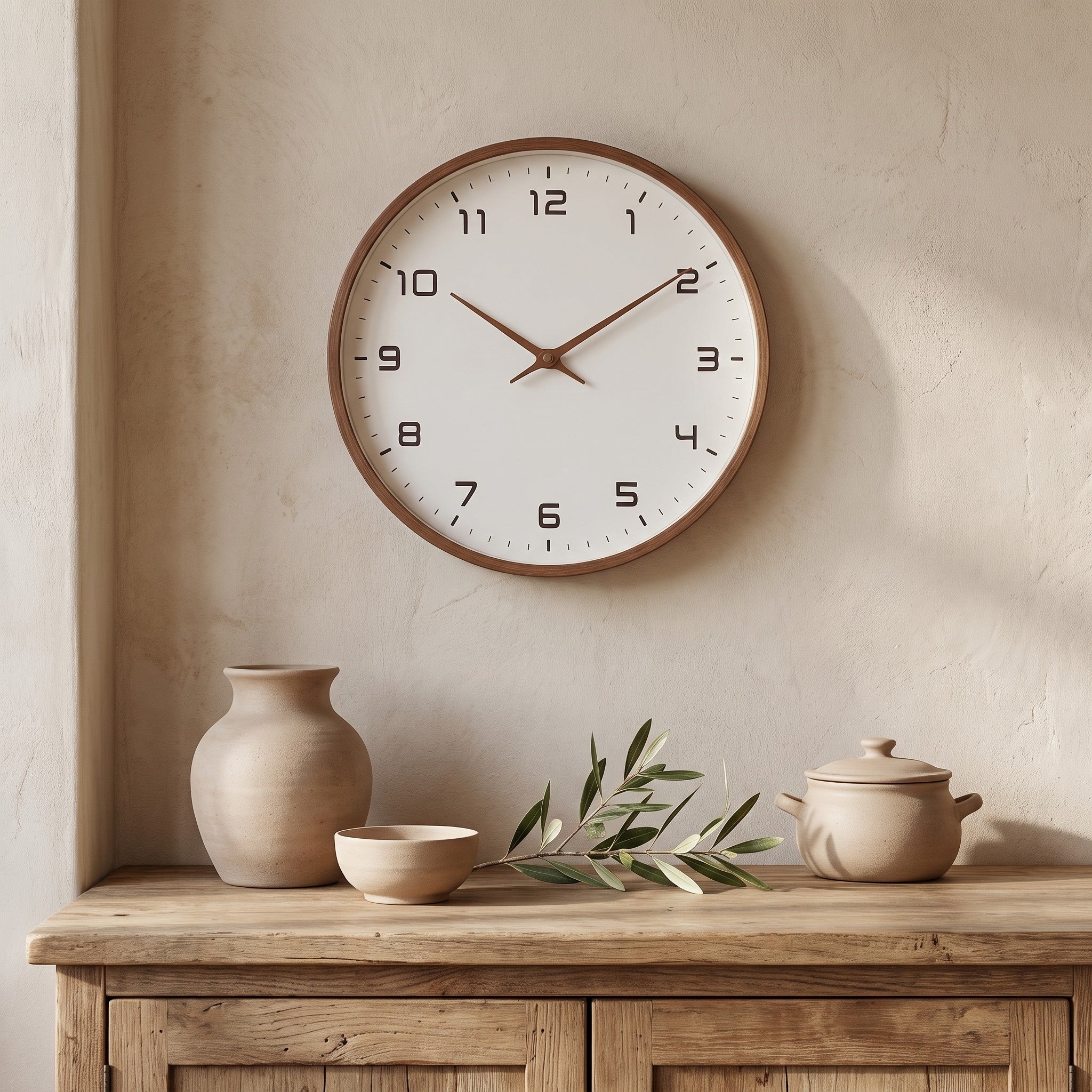 Brown Wood Frame Silent Wall Clock hanging on a limewash plaster wall above a kitchen counter with ceramic pieces.