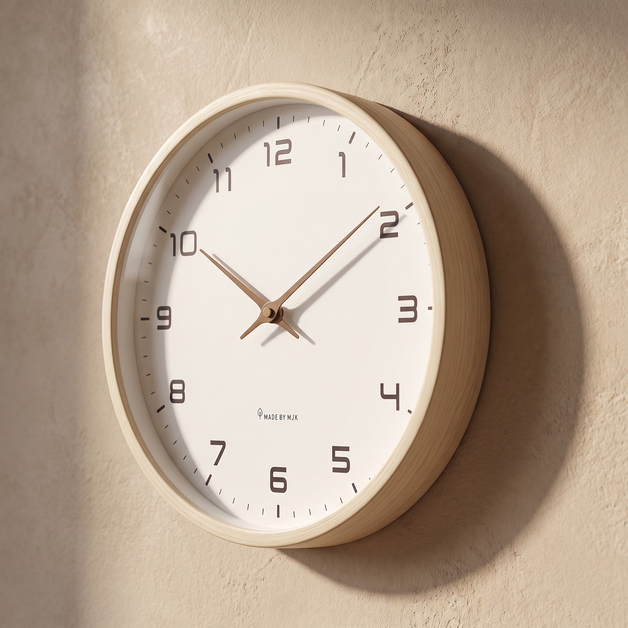 Cream Wood Frame Silent Wall Clock seen from a low angle, showing the frame's depth and its shadow on the plaster wall.