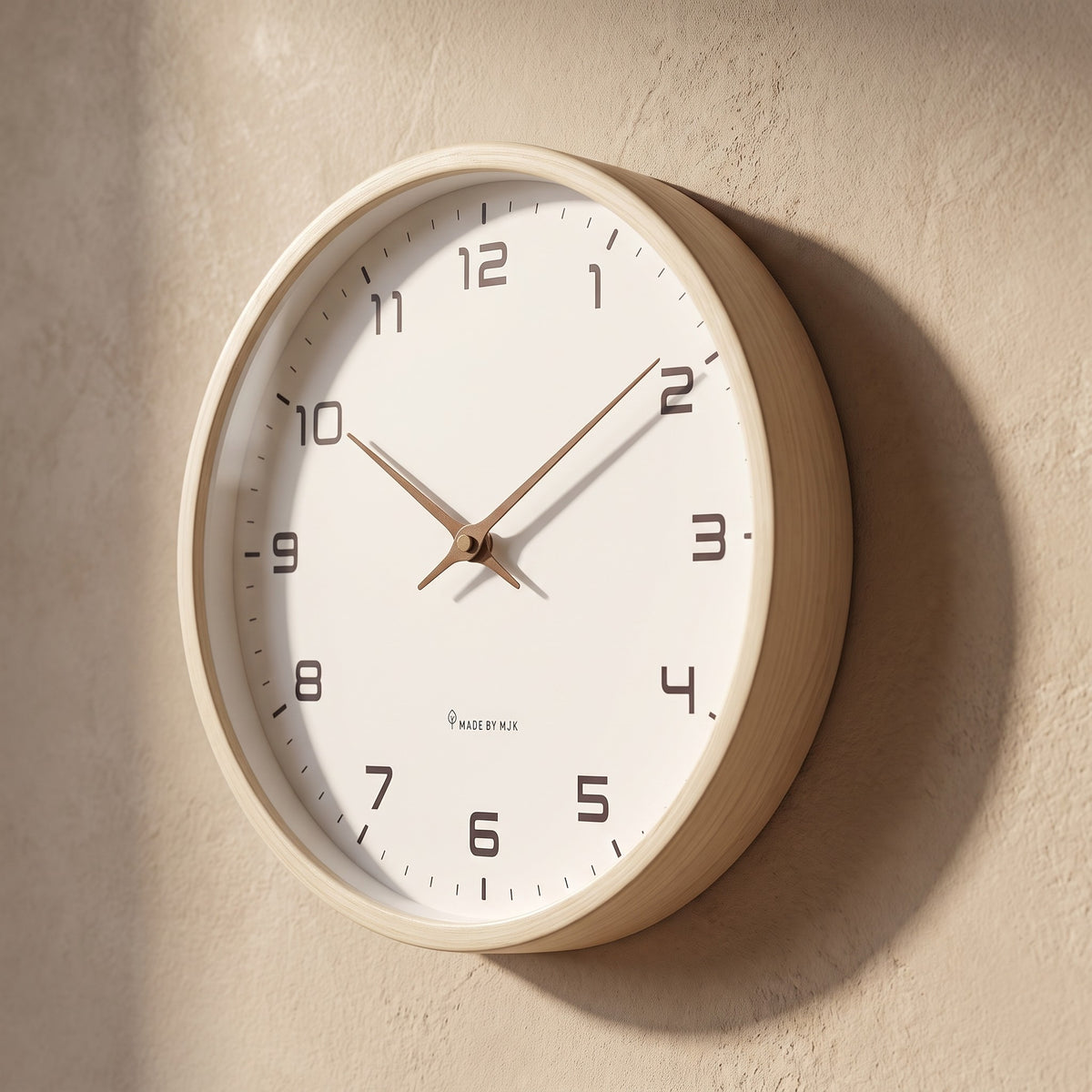 Cream Wood Frame Silent Wall Clock seen from a low angle, showing the frame's depth and its shadow on the plaster wall.