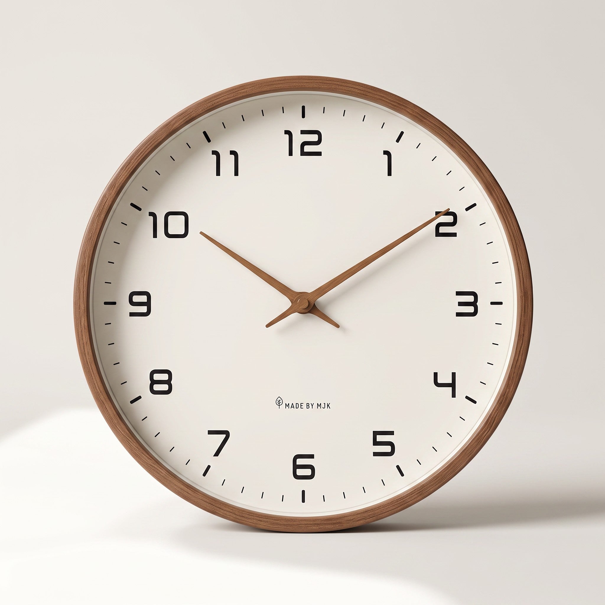 Wood Frame Silent Wall Clock with a brown wood frame, shown straight on against an off-white studio backdrop.