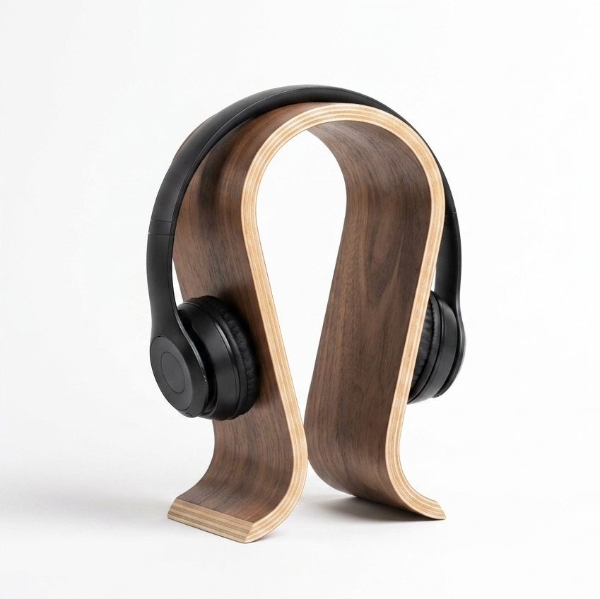 Wooden headphone stand holding black headphones on a white background