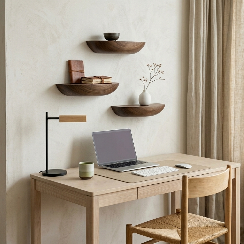 Home office with wooden desk, laptop, and chair near a window with curtains.