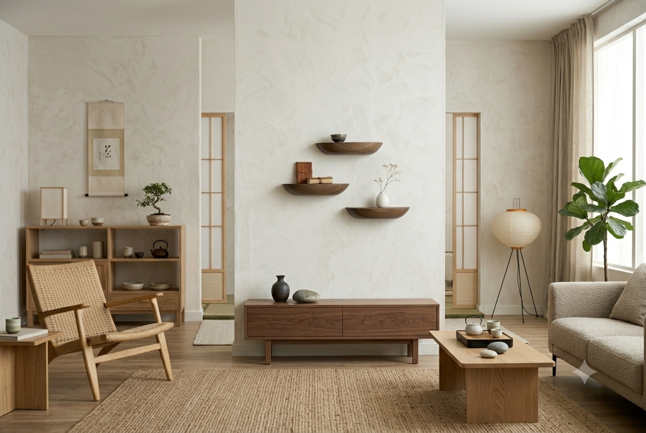 Modern living room with wooden furniture and decor